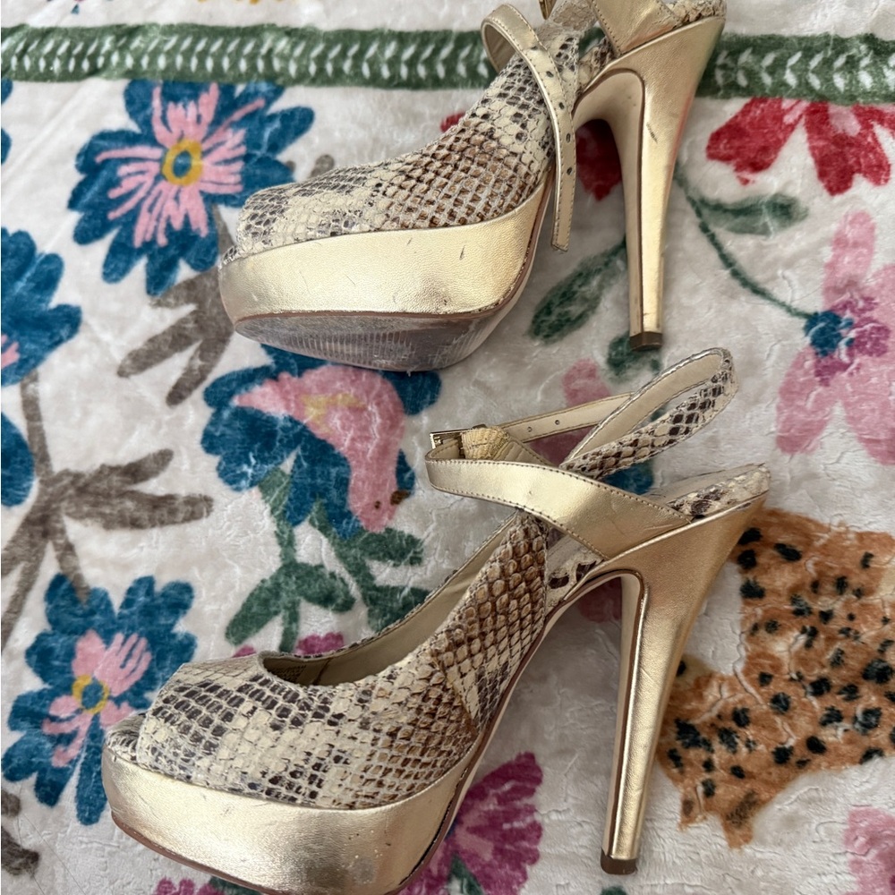 INC Gold and Snake Print High Heels Size 5